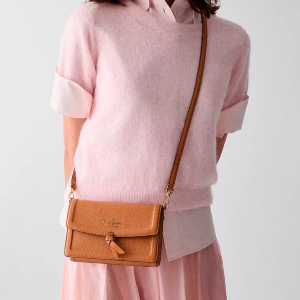 NEW KATE SPADE Knott Flap Brown Pebbled Leather Crossbody with Tassel NWOT